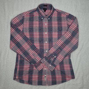 J. Crew Casual Button Down Plaid Linen Shirt Men's L Gray Red Blue White Slim